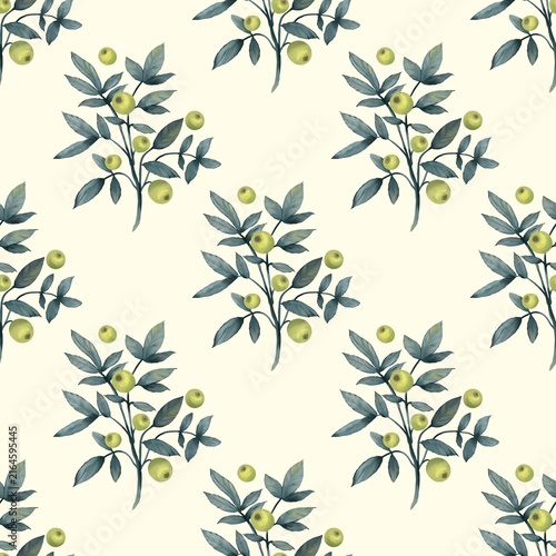 Seamless botanical pattern featuring stylized blue-green leafy branches with ripe berries on a soft cream background. Perfect organic textile, wallpaper, and wrapping paper design.