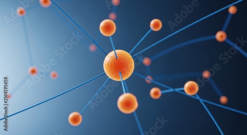 Abstract molecular structure with orange spheres and blue lines