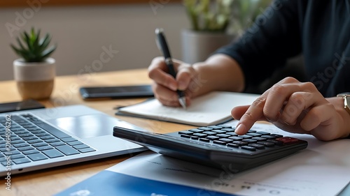 Professional accountant managing budget and financial planning using calculator and notebook in an office setting