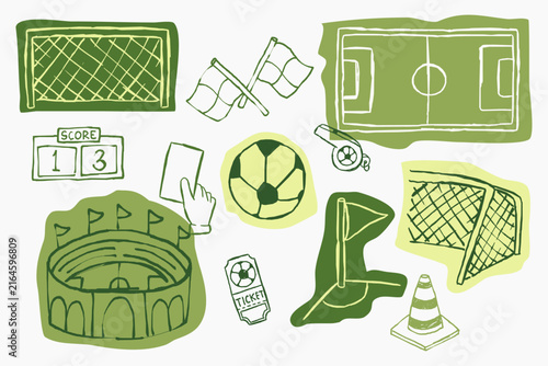 Hand drawn football and soccer line art set featuring goal, pitch, ball, flags, stadium, ticket, scoreboard, goal net, corner flag, and training cone.