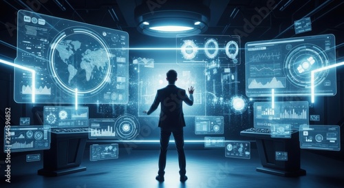 Businessman interacting with futuristic digital holographic data interface