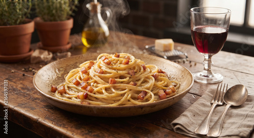  A rustic, atmospheric food styling photograph of a steaming plate of authentic carbonara served on a heavy ceramic dish, resting on a wooden restaurant table next to a glass of red wine.