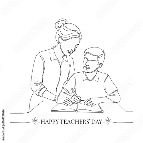 Minimal Line Art of Female Teacher Helping Student in Book – Happy Teachers’ Day Illustration