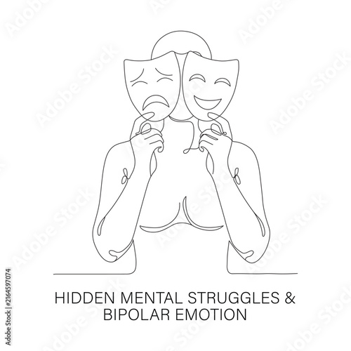 Minimal Line Art of Person Holding Happy and Sad Masks – Symbolic Bipolar Emotion and Mental Struggle