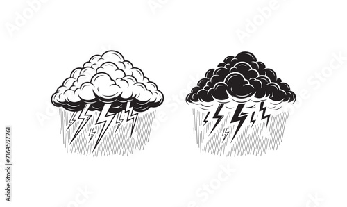 Black and white thunderstorm clouds icon set with lightning strokes.