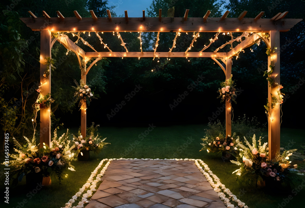 Fototapeta premium Outdoor wedding ceremony arch with string lights and floral decorations at night, romantic garden event setup