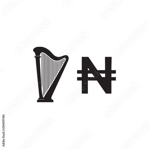 Harp and Naira silhouette icon vector illustration on white background.