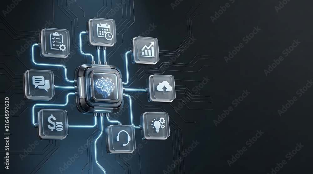 Fototapeta premium Artificial intelligence driving integrated business solutions with interconnected data processing and automated workflow management, visualizing smart technology concepts