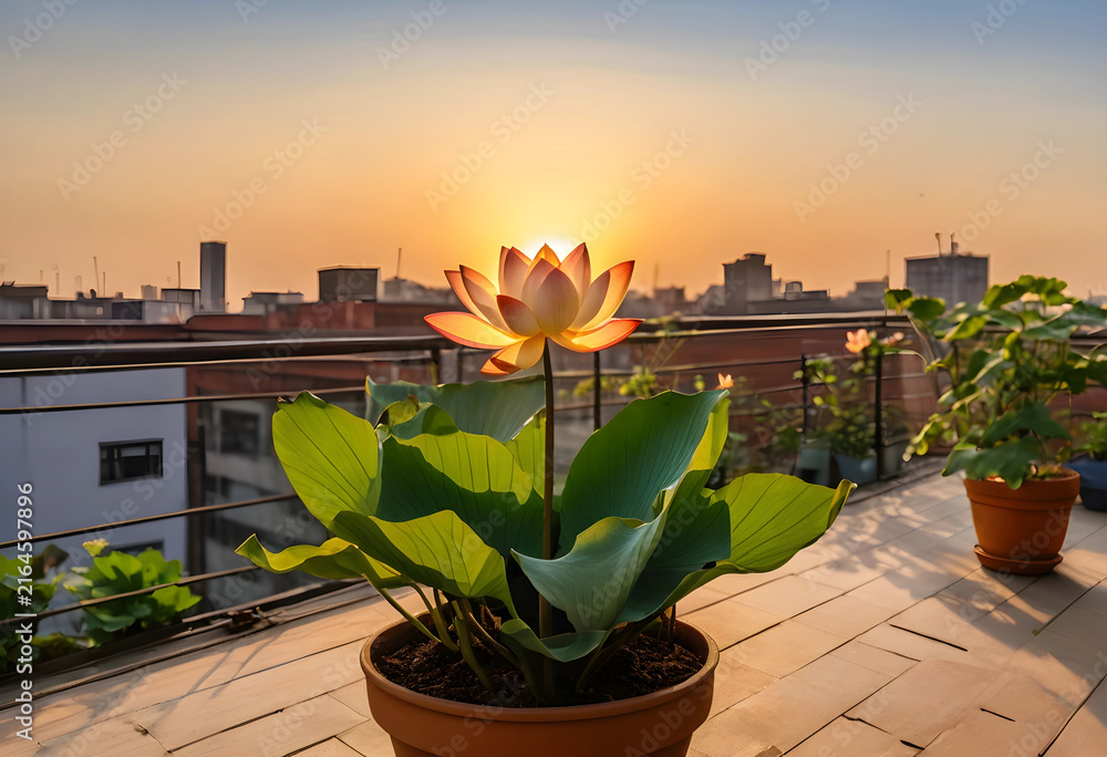 Fototapeta premium Urban rooftop garden with blooming lotus flower at sunset, city skyline and tranquil outdoor space