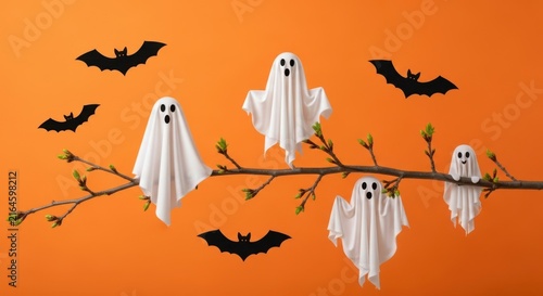 Cute white ghost decorations on branch with paper bats