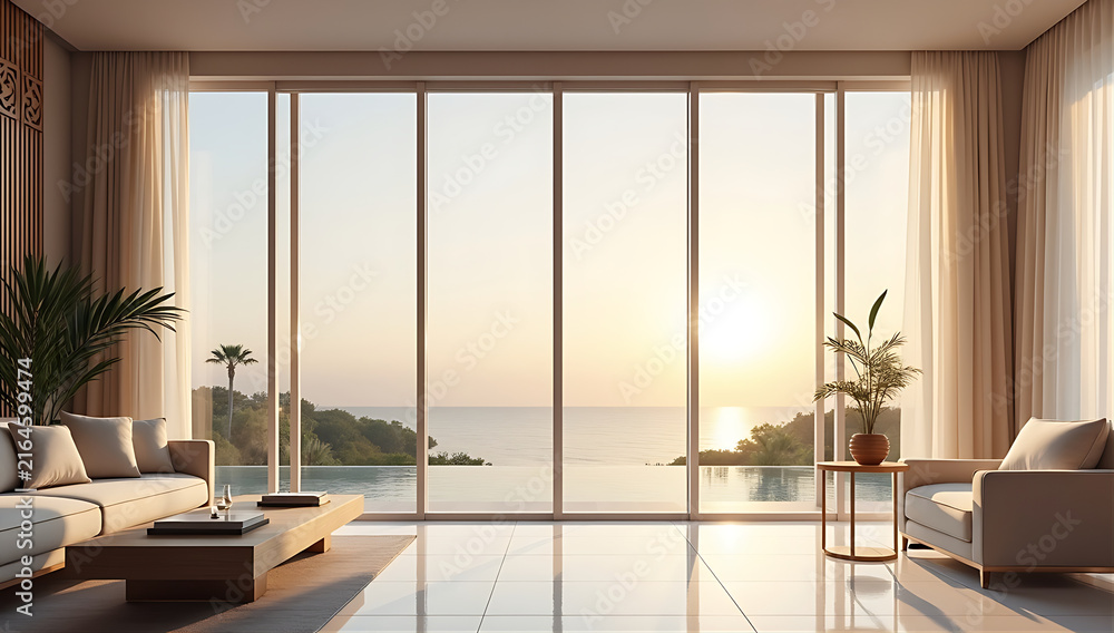 Fototapeta premium Luxurious living room with panoramic ocean view at sunset, featuring modern furniture and a serene atmosphere.