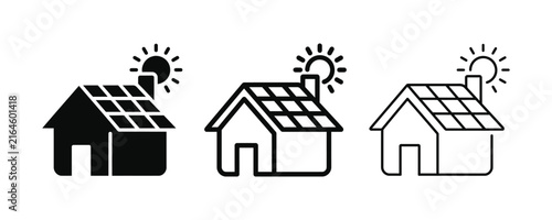 Set of solar energy house icons featuring ecofriendly home designs with roof mounted photovoltaic panels and sun icons for sustainable living concepts