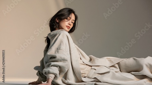 Young woman reclines in soft tones and linen