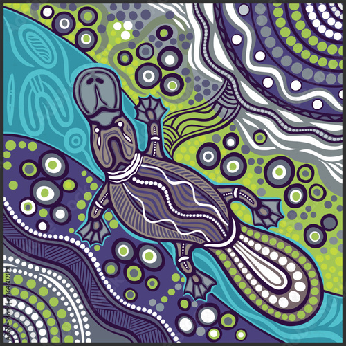 Australian Aboriginal platypus vector illustration with traditional dot art river pattern