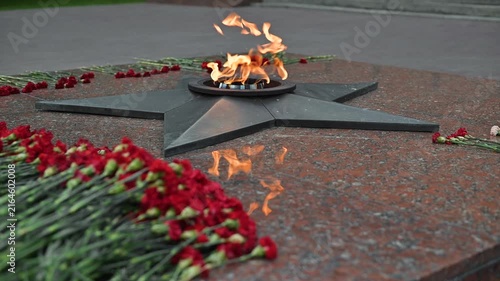 A flame burns brightly in the center of a memorial, surrounded by red flowers placed on the ground. The setting features a star-shaped design, highlighting the significance of the site