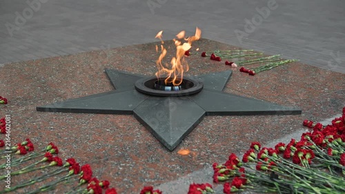 A flame burns steadily in the center of a star-shaped monument made of stone. Red flowers surround the monument, creating a respectful atmosphere for remembrance