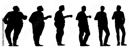 Conceptual fat overweight obese man vs slim fit healthy body after weight loss or diet, white background banner. A  fitness, nutrition or obesity, health care shape illustration vector as silhouettes