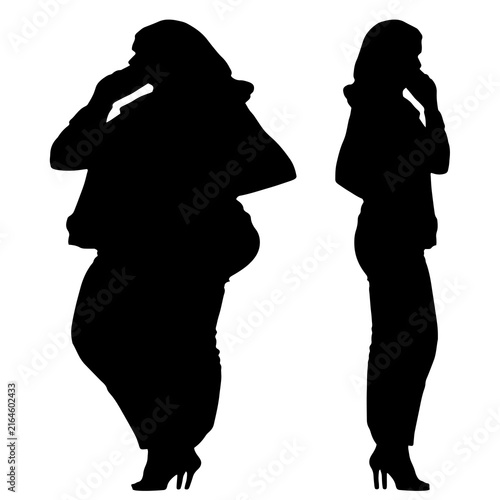 Conceptual fat overweight obese female vs slim fit healthy body after weight loss or diet on white background. A  fitness, nutrition or obesity, health shape illustration vector as silhouettes