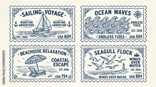 Vintage nautical postage stamp collection featuring sailing vessels ocean waves beachside relaxation and seagulls in hand drawn style