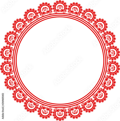 Happy Durga Puja circular mandala frame with intricate red floral ornament border.