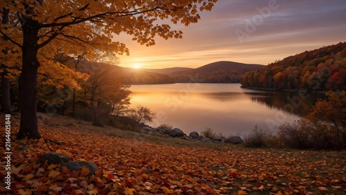 Autumn landscape where colorful leaves blanket a lakeside clearing overlooking calm sunset waters, Environment: secluded woodland opening revealing an expansive lake embraced by dense autumn forest, L