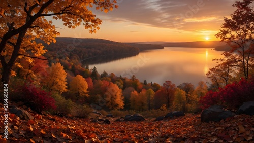 Autumn landscape where colorful leaves blanket a lakeside clearing overlooking calm sunset waters, Environment: secluded woodland opening revealing an expansive lake embraced by dense autumn forest, L