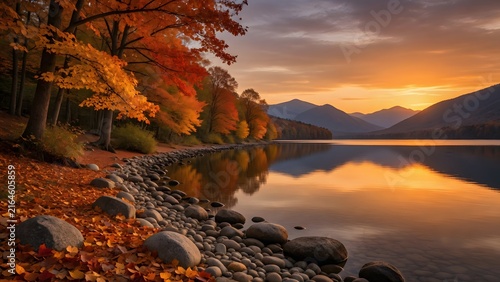 Autumn landscape where colorful foliage blankets the lakeside under an unforgettable sunset, Environment: pristine freshwater shoreline surrounded by towering deciduous trees and distant mountain silh