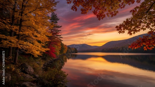 Autumn landscape where brilliant seasonal leaves frame an expansive sunset lake as the central visual story, Environment: pristine wilderness with dense deciduous forest, reflective shoreline and laye