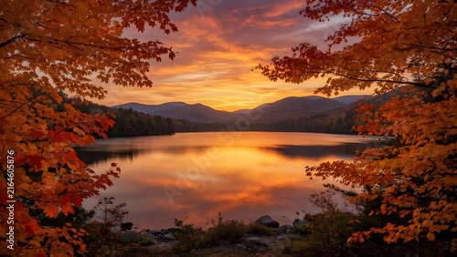 Autumn landscape where brilliant seasonal leaves frame an expansive sunset lake as the central visual story, Environment: pristine wilderness with dense deciduous forest, reflective shoreline and laye