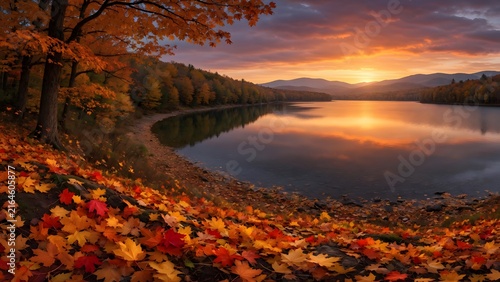 Autumn landscape where brilliant foliage covers the ground beside an expansive lake illuminated by sunset, Environment: broad natural valley containing crystal-clear water bordered by mature autumn fo