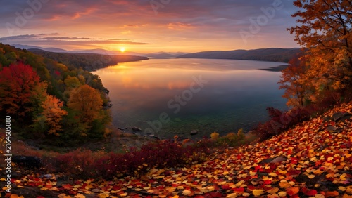 Autumn landscape where brilliant foliage covers the ground beside an expansive lake illuminated by sunset, Environment: broad natural valley containing crystal-clear water bordered by mature autumn fo