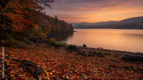 Autumn landscape showcasing colorful fallen leaves stretching across lakeside terrain beneath a magnificent sunset, Environment: vast natural reserve with quiet freshwater lake, mature forest canopy a