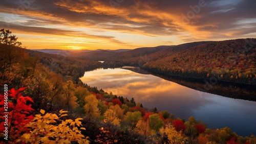 Autumn landscape filled with scarlet and golden leaves surrounding a calm lake during sunset, Environment: spacious valley enclosed by forested hills with mirror-like water and open western horizon, L