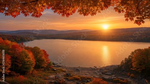 Autumn landscape featuring brilliant seasonal leaves surrounding an expansive lake glowing beneath the setting sun, Environment: broad woodland sanctuary with open shoreline, layered hills and endless