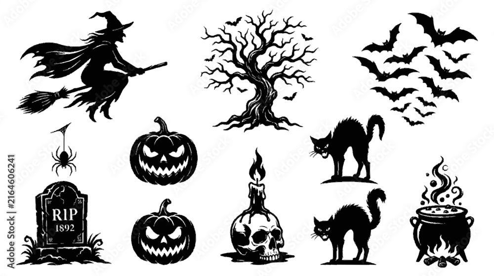 Fototapeta premium Collection of detailed halloween themed silhouette icons for seasonal graphic design projects with silhouettes with high contrast black