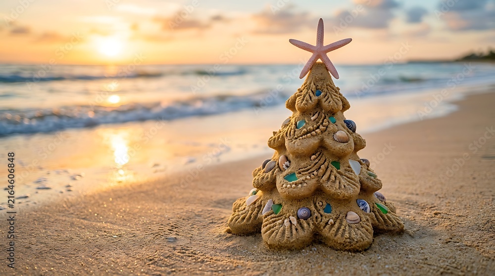 Fototapeta premium A creative sand sculpture of a christmas tree decorated with seashells and sea glass, topped with a starfish on a sandy beach at sunset