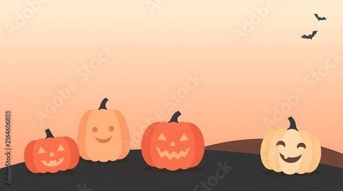 Happy halloween festive background illustration featuring glowing carved pumpkins on a hill