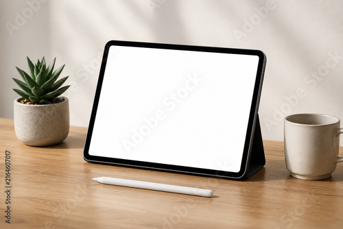 Tablet Mockup with Blank Screen, Stand and Stylus on Wooden Desk