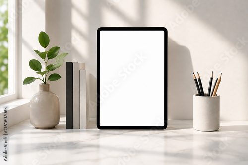 Portrait Tablet Mockup with Blank Screen in Warm Beige Minimal Workspace