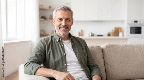 portrait of happy smiling middle aged mature senior 50 years old bearded man wearing green shirt sitting on couch at home interior looking at camera relaxing on sofa in modern
