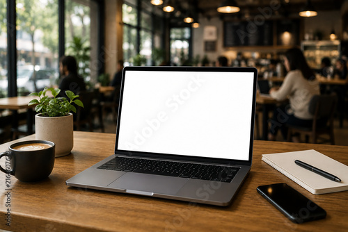 Laptop Mockup with Blank Screen on Table in Modern Coffee Shop