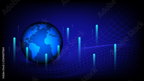 Digital technology background with glowing globe, and futuristic data stream representing internet connectivity and worldwide information exchange