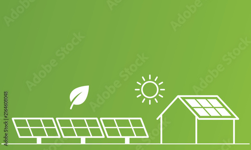 Minimalist green illustration of solar panels and a house representing renewable energy and sustainable living concepts