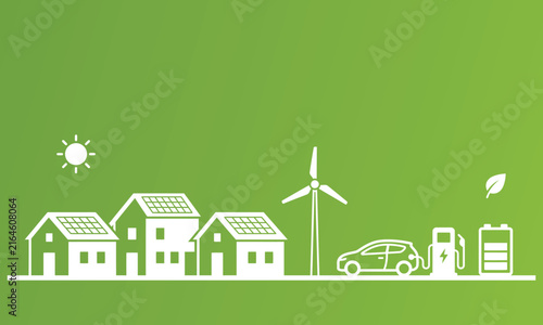 Eco friendly sustainable city concept with wind turbines solar panels and electric vehicles on a green background