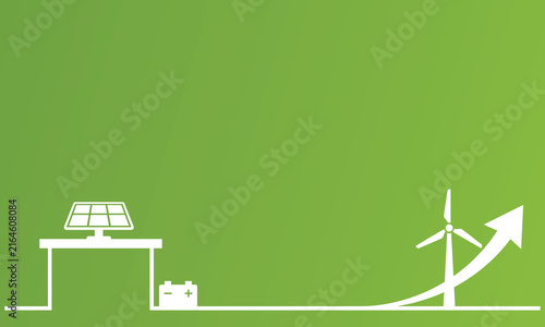 Minimalist green background featuring white icons of solar panels wind turbine and battery representing sustainable renewable energy growth