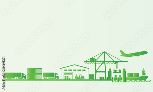 Green outline illustration of a global logistics and international shipping hub with cargo ships and airplanes