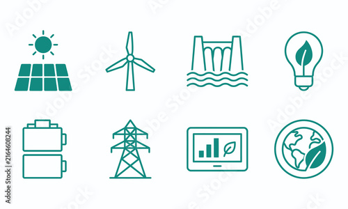 Set of green energy and sustainable technology icons featuring solar panels wind turbine hydroelectric power and environmental conservation