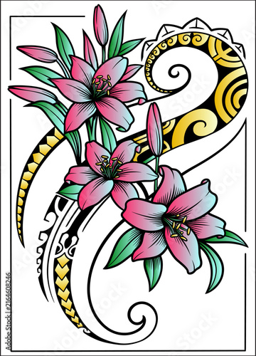 Polynesian tribal hibiscus frangipani border vector illustration with colorful tropical flowers