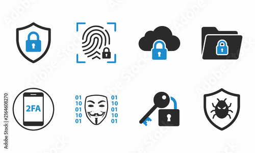 Set of modern digital security and cyber protection icons featuring biometric authentication and data privacy symbols