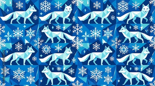 Arctic foxes running in seamless winter geometric pattern on vibrant blue background